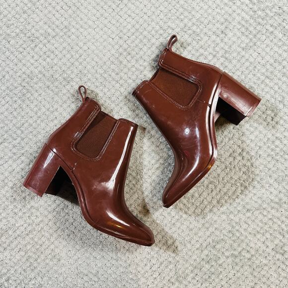 Jeffrey Campbell Women's Hurricane Shiny Block Heeled Chelsea Rain Maroon 10 - Picture 1 of 7